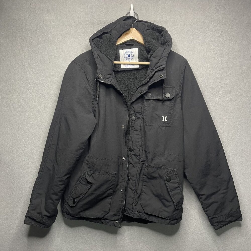 Hurley Mens Black Hooded Coat With Sherpa Lining S
